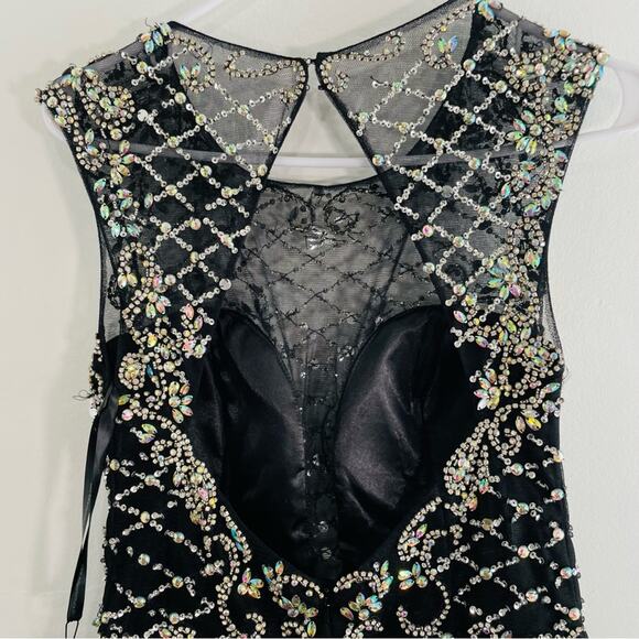 NWT Milano Formals Black Silver Beaded Mesh Keyhole Open Back Formal Prom 10 - Picture 7 of 12